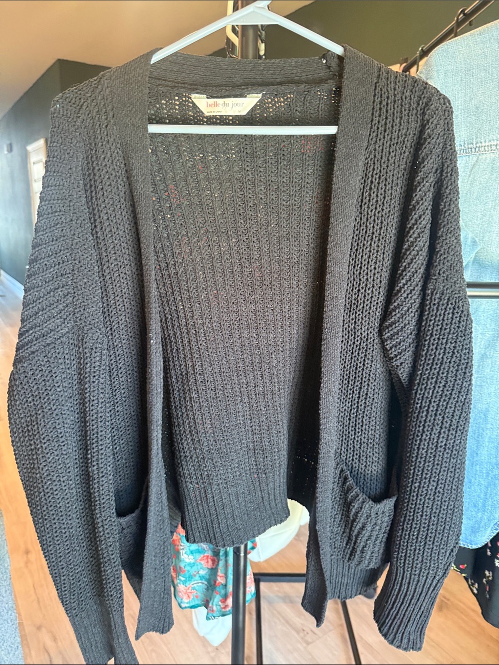 Belle Du Jour Black Chunky Open-Front Cardigan with Pockets